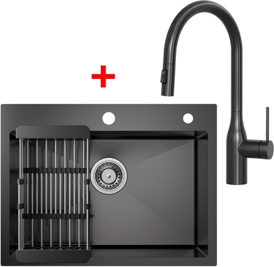 Roestvrij stalen spoelbak 45 x 40 cm, zwarte spoelbak met uitschuifbare waterkraan en kopjesspoeler, multifunctionele keukengootsteen met 1 bak, inbouwspoelbak, incl. afvoerpijp, zeepdispenser