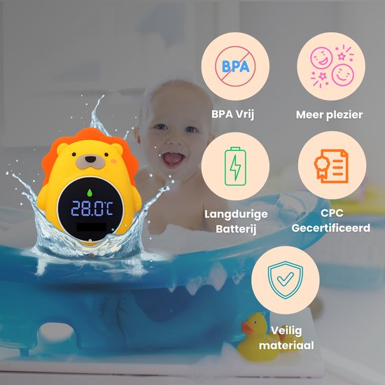 Luvonic® Badthermometer Baby - Digitale Waterthermometer met LED Display - Veilig & Oplaadbaar - Drijvend Bad Accessoire voor Baby’s - RGB - Leeuw van Luvonic — afbeelding 3