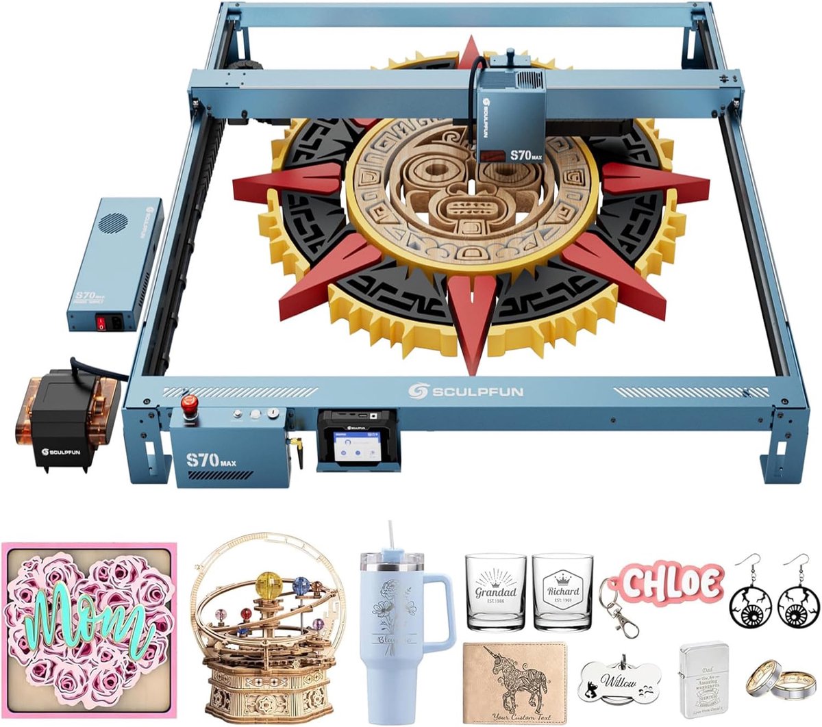 Sculpfun S70 MAX Lasergraveermachine - 70W - 800x830mm - met TS1 Touchscreen and 50 Litre Air Support - 36000 mm/min - Lasergraveerder voor hout acryl leer en papier - Laser Graveermachine - Laser Cutter - Laser Snijmachine