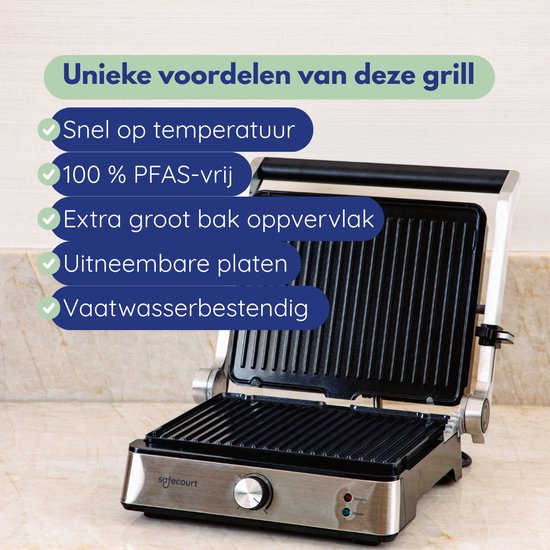 Safecourt Kitchen Tosti apparaat – Paninigrill en Tosti ijzer – Uitneembare PFAS-vrije platen & vaatwasserbestendig – Groot grilloppervlak – Snel warm – Contactgrill - Zilver