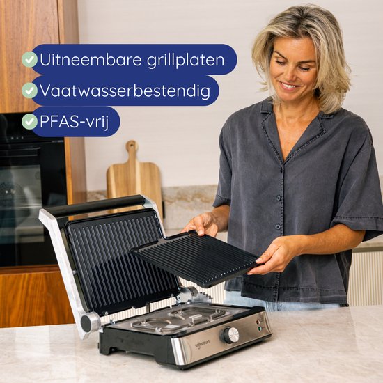 Safecourt Kitchen Tosti apparaat – Paninigrill en Tosti ijzer – Uitneembare PFAS-vrije platen & vaatwasserbestendig – Groot grilloppervlak – Snel warm – Contactgrill - Zilver