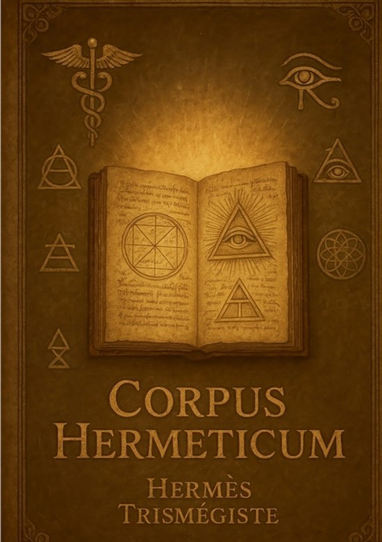 Couverture d'un livre, intitulé "Corpus Hermeticum" de "Hermès Trismégiste", avec des symboles tels que le caducée, l'œil qui voit tout et le triangle.