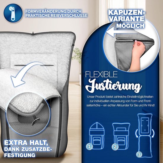 PromoHome Wintervoetenzak voor Kinderwagen en Buggy - Wasbare Babyvoetenzak met Ritssluiting en Tas - Extra Dik Gevoerd Waterafstotend Materiaal - Anti-Slip Onderkant - Universeel Toepasbaar - Grijs van Merkloos — afbeelding 2