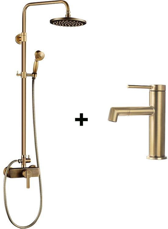 Auralum Max Regendouche - Vintage Doucheset - Met Goud Wastafelkraan - Ø 20 cm - Regendouche en Handdouche - Goud - Messing & RVS - Waterbesparend - Waterbesparend - Douchesysteem