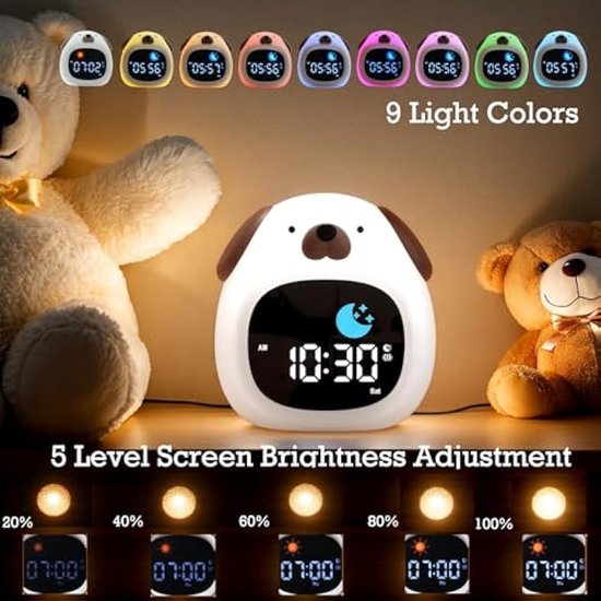 Kinderwekker nachtlampje, 9 lichtkleuren en 6 witte ruisstanden, digitale slaaptrainingsklok met instelbare helderheid en geluid, cadeau voor jongens en meisjes - Puppy — afbeelding 2