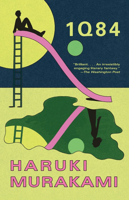 Boekomslag van 1Q84 van Haruki Murakami. Een gestileerde afbeelding van een man op een glijbaan, met de tekst '1Q84' en citaten.
