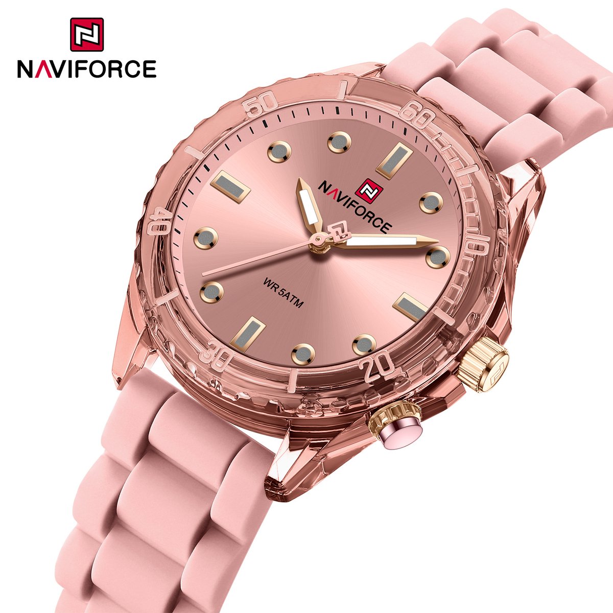 NAVIFORCE horloge met roze gefumeerde siliconen polsband, roze wijzerplaat en roze horlogekast voor dames met stijl ( model 7115 PP )