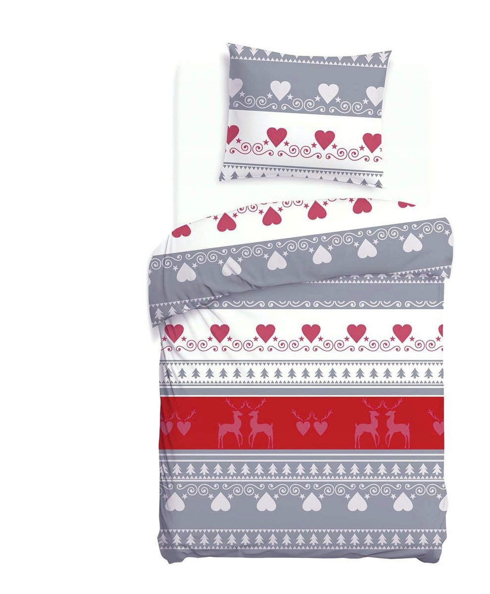 Flanel Flanelove Beddengoed 140x200 Grijs Rood Kerst met Kussensloop