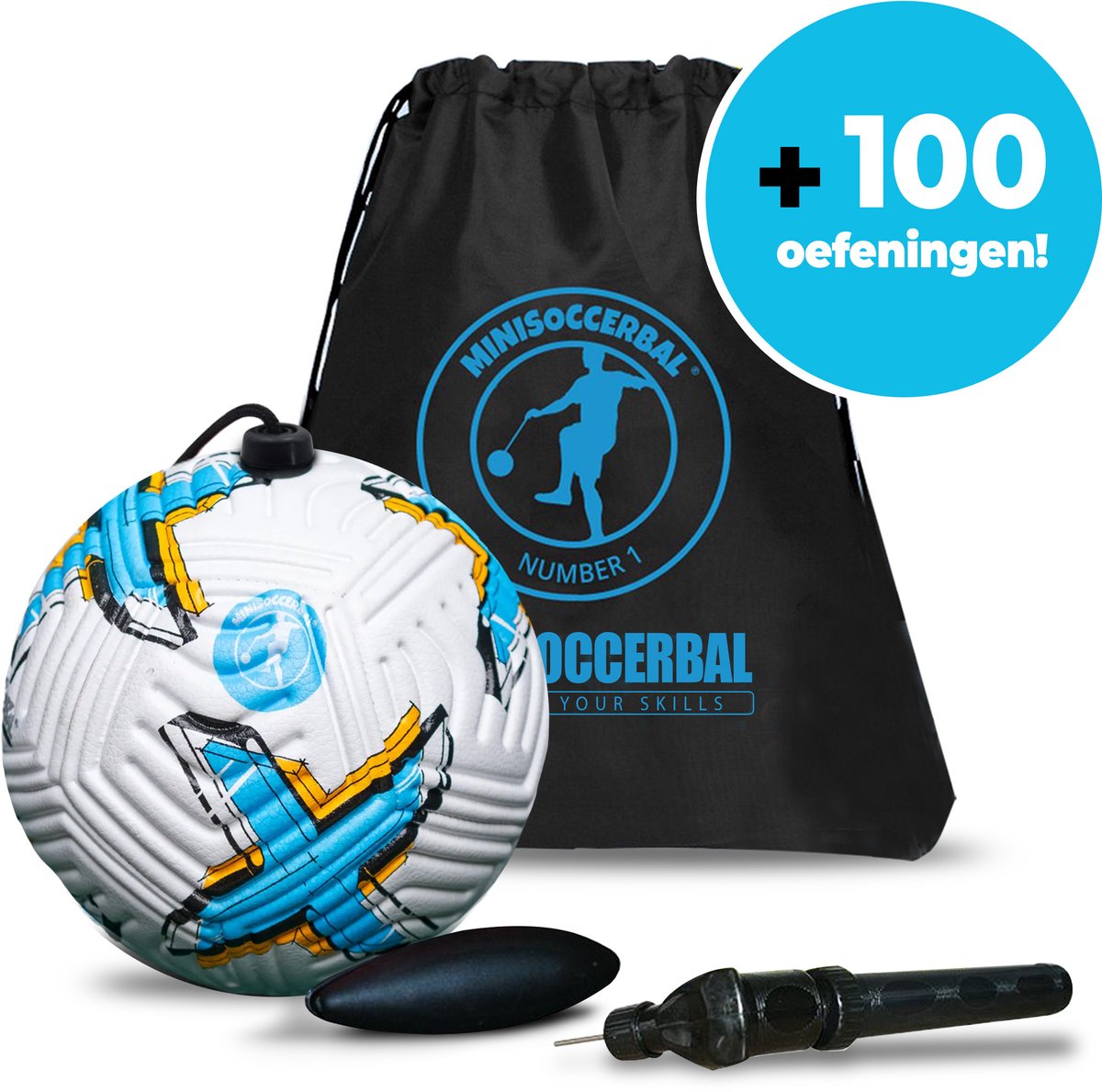 Minisoccerbal voetbal aan touw - techniekbal - Verjaardagscadeau - buitenspeelgoed - Met 100 oefeningen - Blauw - Met tas en pomp