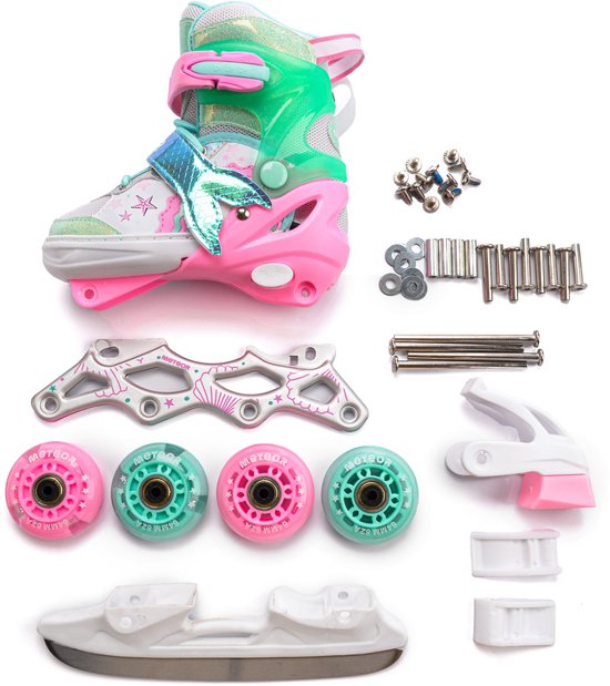 Roze en turquoise skeelers met extra onderdelen, waaronder wielen, frames en schaatsbladen.