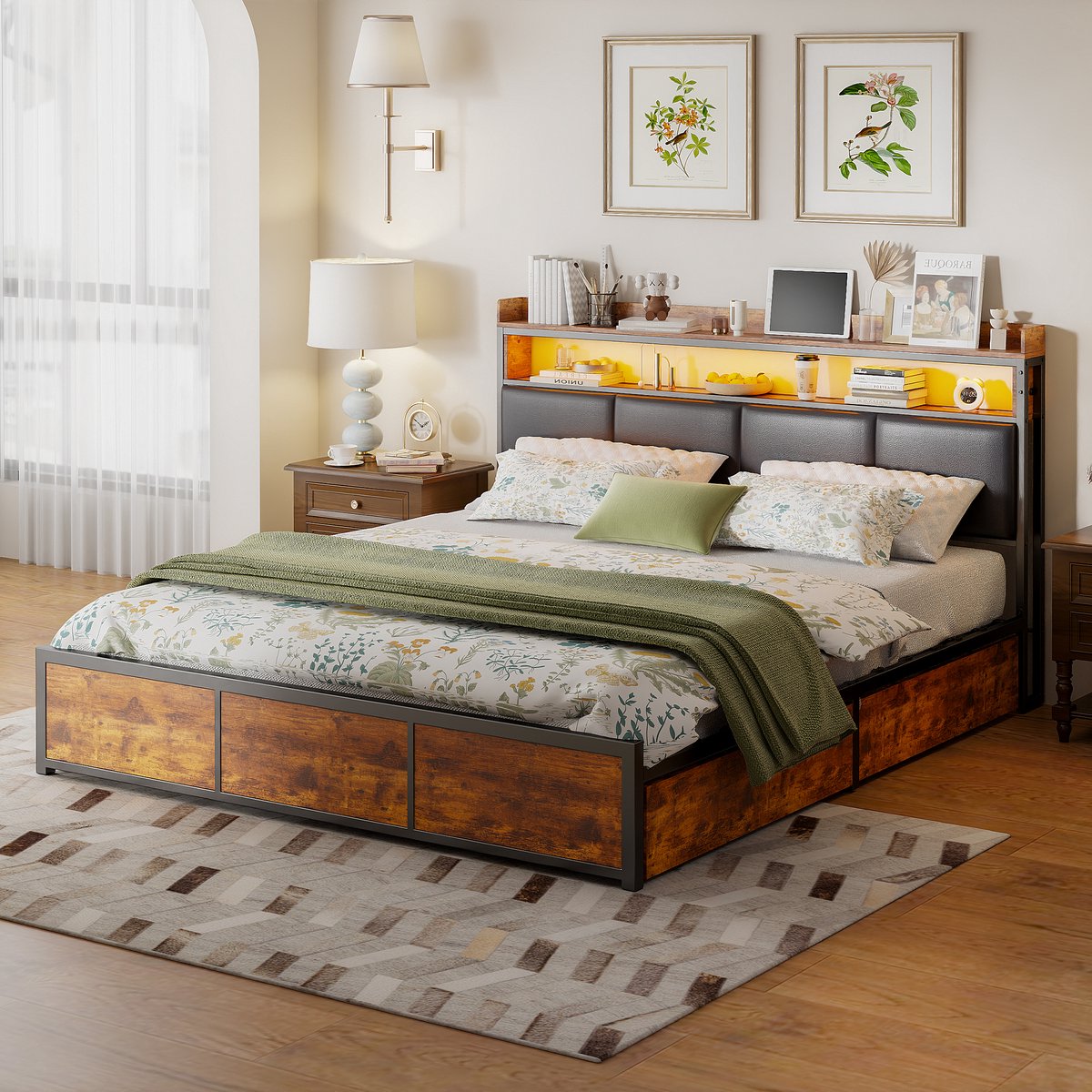 ROSAHQNDA Gestoffeerd bed, 180x200 cm - tweepersoonsbed - met 4 lades - metalen bedframe - LED-verlichting, zwart PU-hoofdeinde, volwassen bed/slaapkamerbed, vintage bruin (verzonden in 3 pakketten)