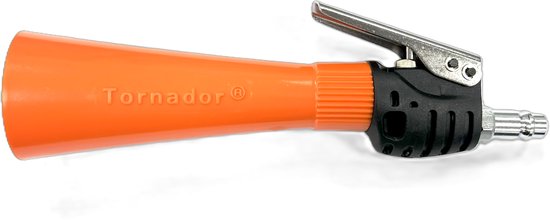 Oranje Tornador MINI-RS met een zwarte grip en zilveren hendel.