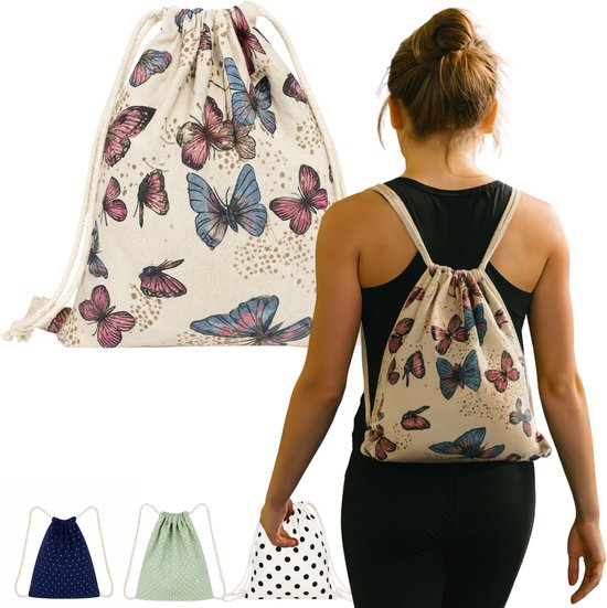 Turnzak – Gymtas – Waterafstotende Turnzak met Trekkoord – 12 Liter – Stevig & Duurzaam – Voor Jongens en Meisjes – Praktische Schooltas / Rugzak – Wit met vlinders