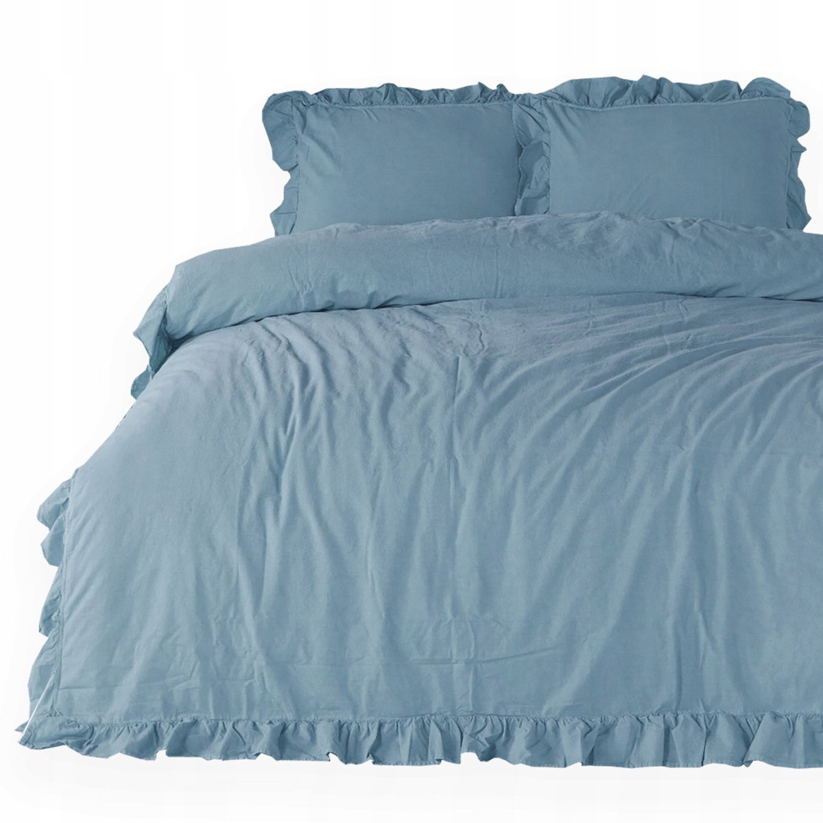 Stonewashed Katoenen Dekbedovertrek met Ruche 160x200 Blauw
