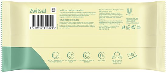 Achterkant van Zwitsal babydoekjes pakje met ingrediënten en logo's.