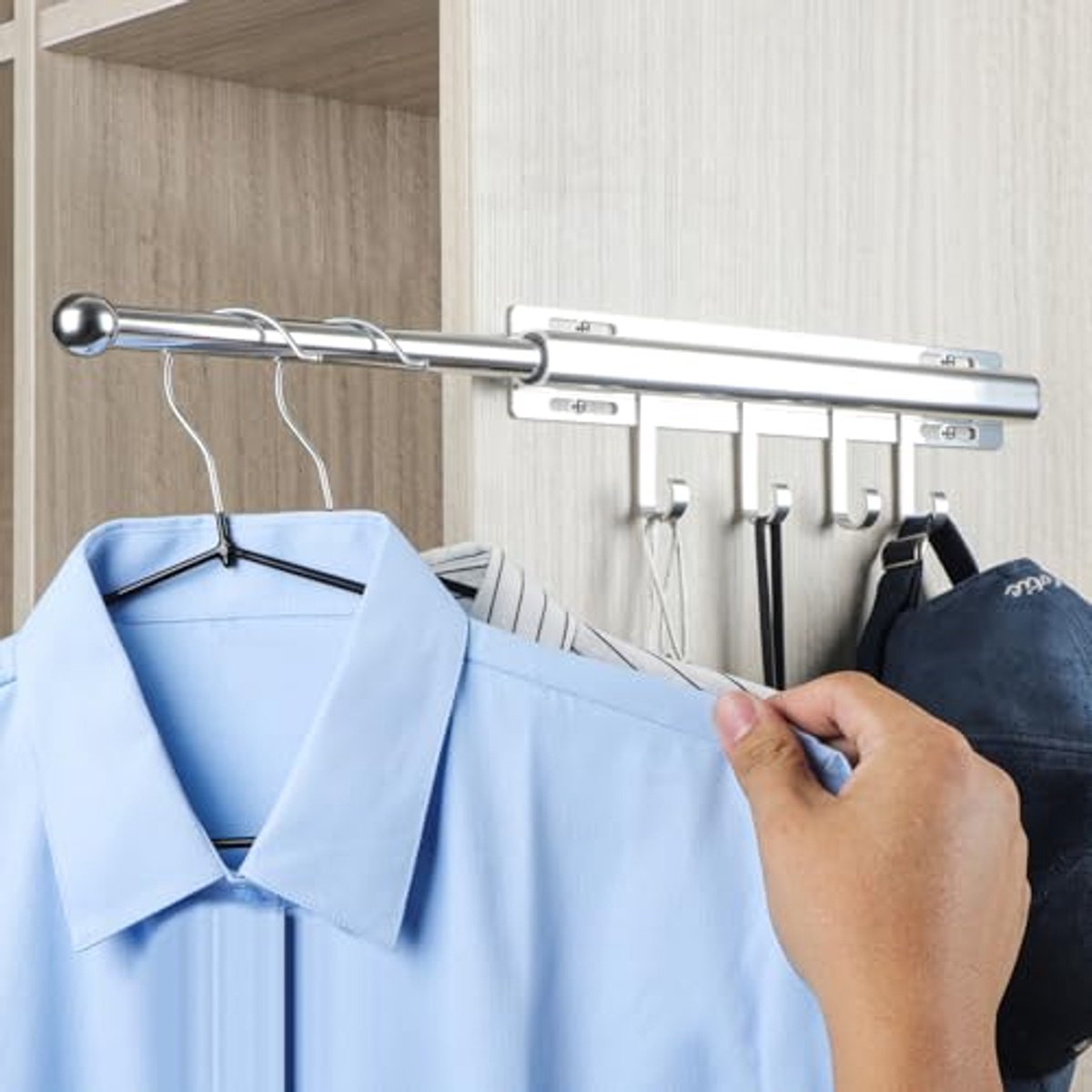 12 Inch Pull Out Valet Rod with 4 Hooks for Closet Organization