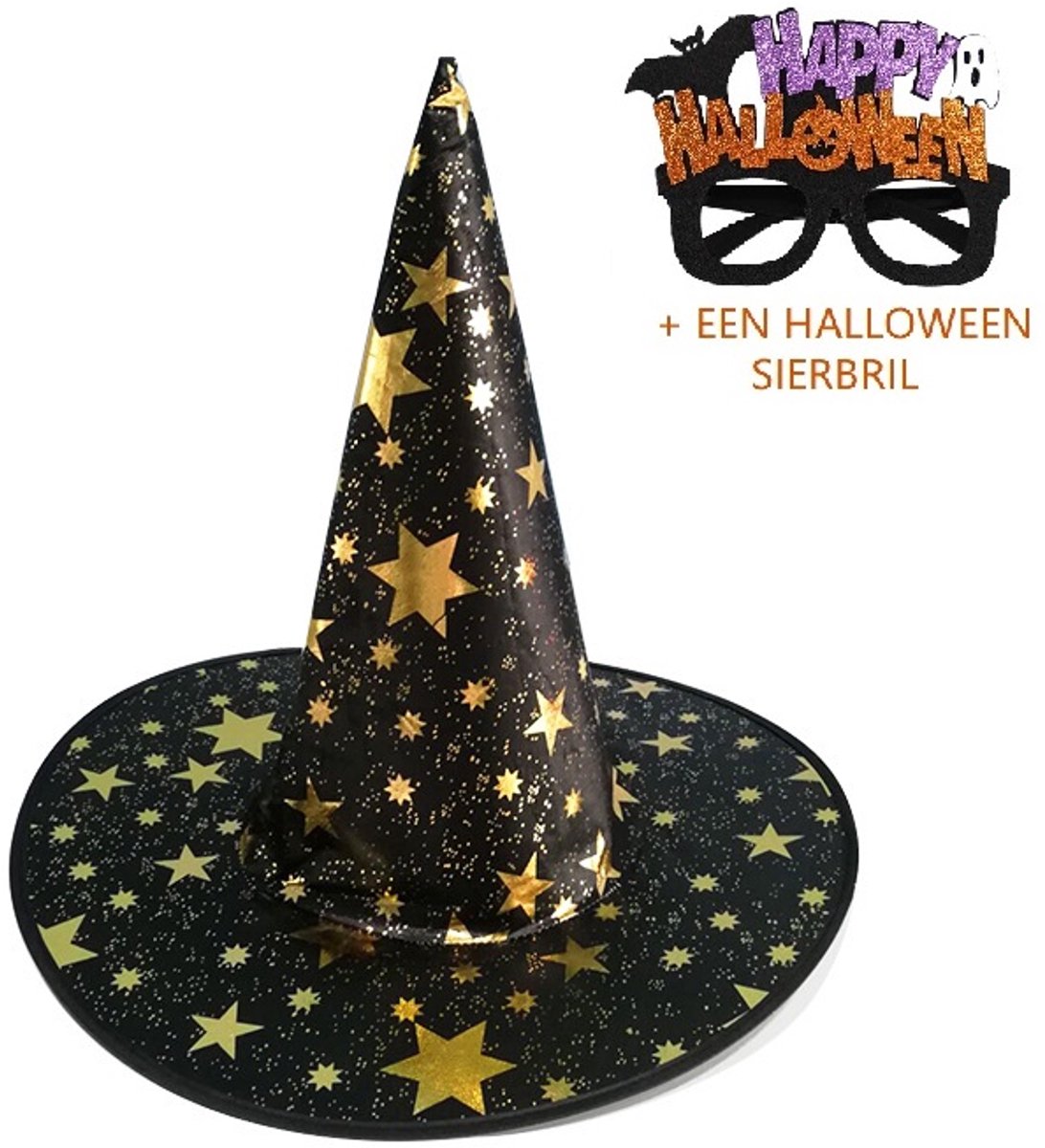 Halloween hoed met sierbril Halloween - Heksenhoed voor kinderen en volwassenen zwart, goud - Carnaval verkleed hoeden- halloween feest- Verkleedpartij unisex