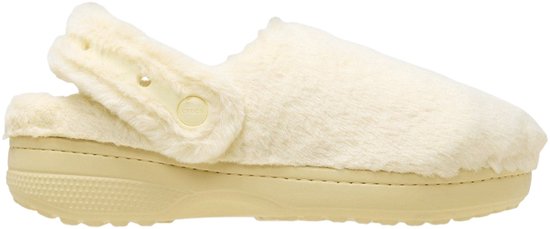Lichtgele Crocs slipper met pluizige voering en draaibare band met knop.