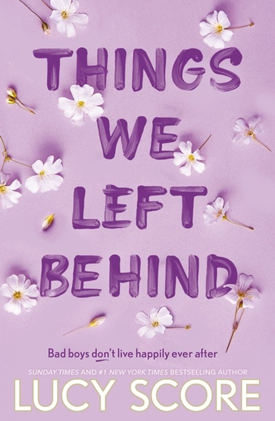 Boekomslag met de titel 'THINGS WE LEFT BEHIND' in paarse letters, versierd met witte bloemen en takken.
