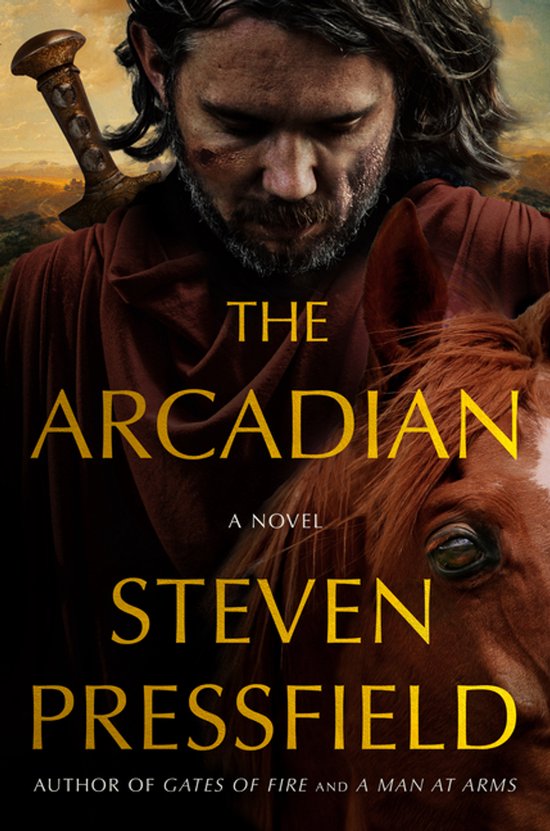 Boekcover "The Arcadian" met een man met een zwaard over zijn schouder en een paard.