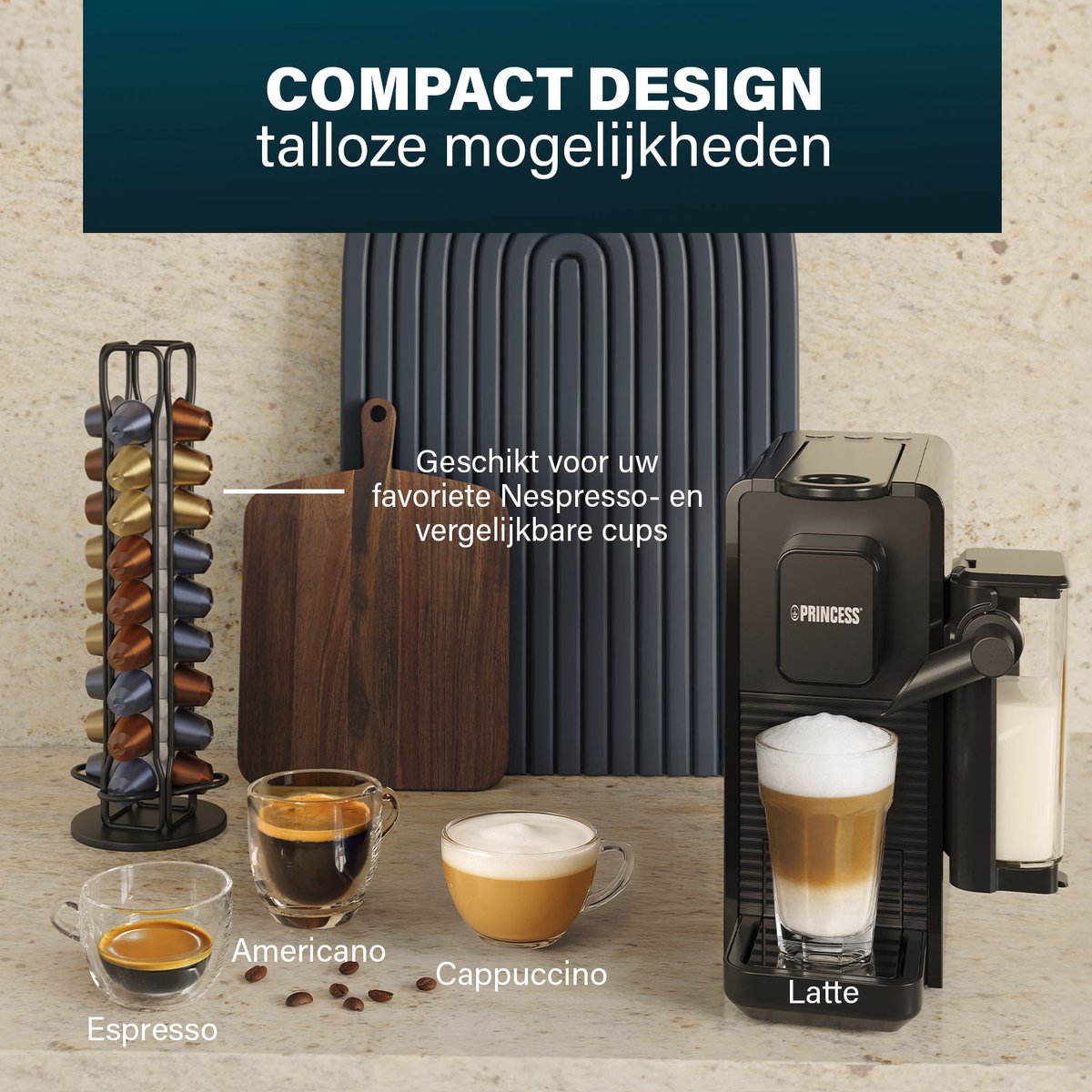 Princess Capsule Koffiemachine met Melkopschuimer - 249455 – Geschikt voor Nespresso – 20 Bar – Espresso, Cappuccino & Latte – Compact – Automatisch Melksysteem - 1400 W — afbeelding 3