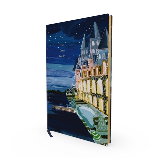 Carnet avec une peinture d'un château la nuit, illuminé par des guirlandes, avec le texte 'The Great Gatsby'.
