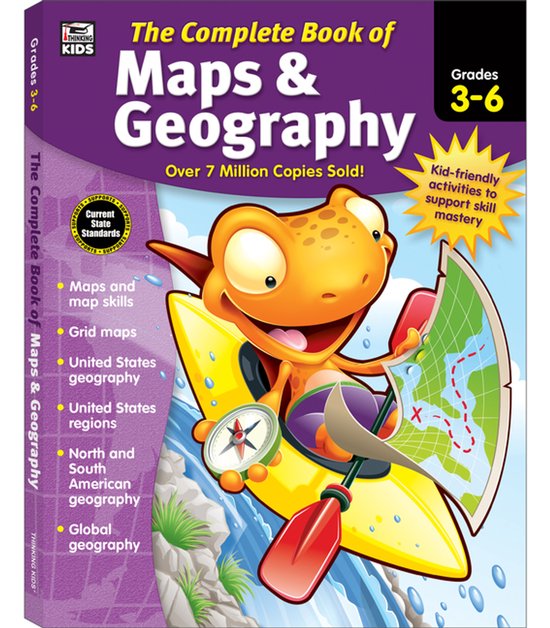De voorkant van het boek 'The Complete Book of Maps & Geography' voor groep 3-6, met een cartoon figuur in een gele kano die een kaart vasthoudt. Rechtsboven staat 'Kid-friendly activities'.