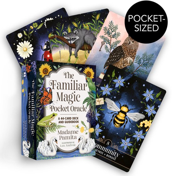 De 'The Familiar Magic Pocket Oracle' kaarten. Illustraties met eekhoorn, uil, bij, kikker en vlinder.