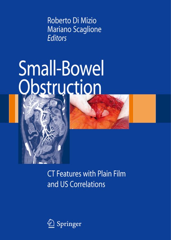 Medisch boek getiteld Small-Bowel Obstruction, met een CT-scan en chirurgische foto op een blauwe achtergrond.