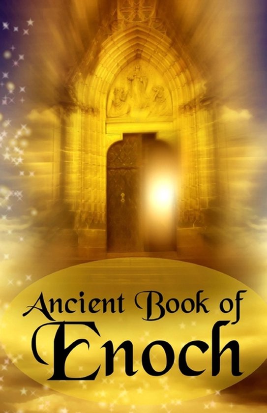 Boek 'Ancient Book of Enoch' met een gouden, gloeiende ingang van een gebouw op de kaft.