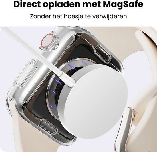 Smartwatch met hoesje wordt opgeladen met MagSafe, zonder het hoesje te verwijderen.