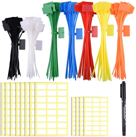 Elkuaie Kabelmarkering Labels 100 Stuks - Colored Cable Labels - 4/6 Inch met Kabelbinders en Witte Labels - 100 Stuks - Voor Draadmanagement Thuis en op Werkplek