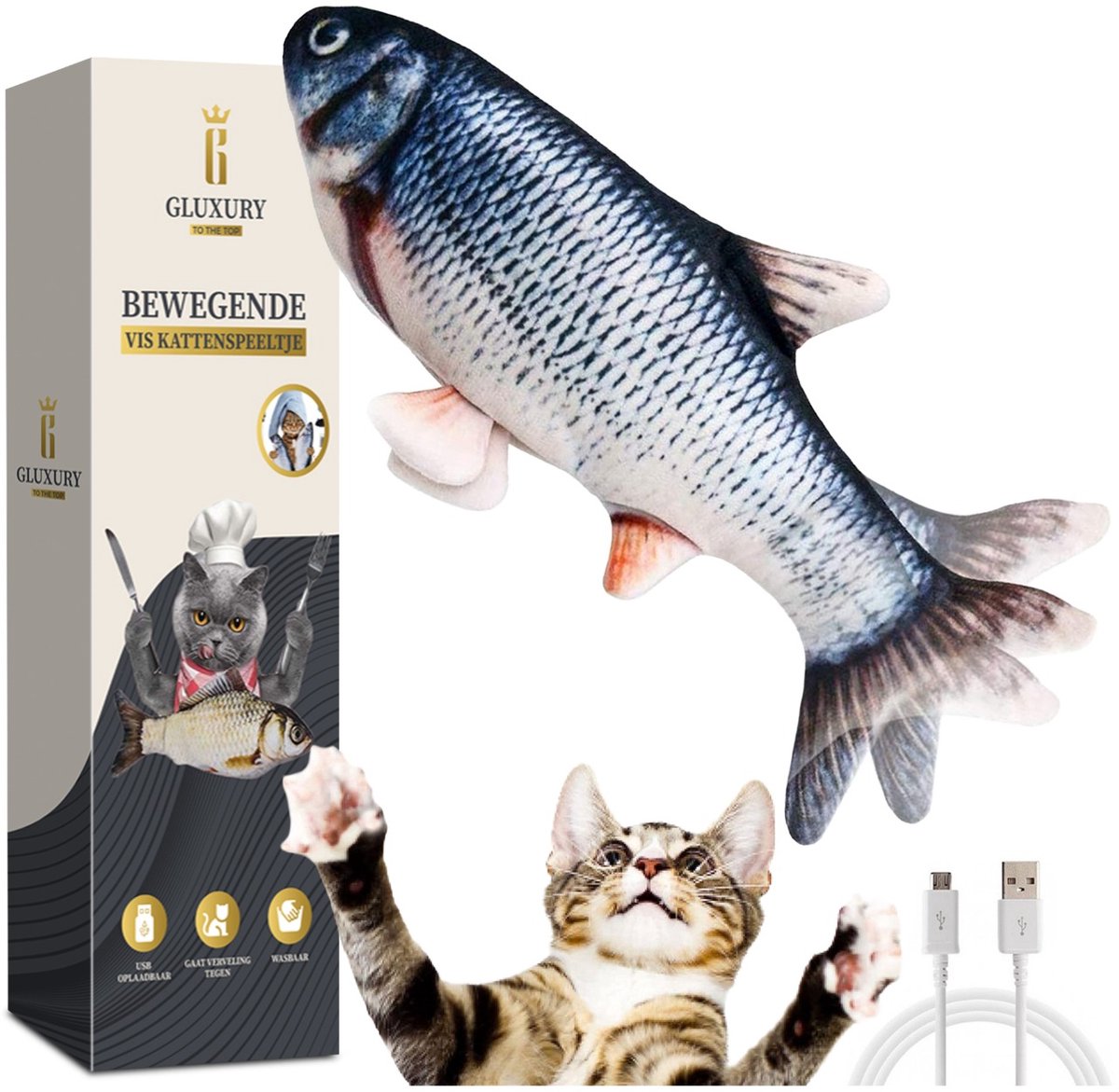 Gluxury Elektrisch kattenspeeltje – Extra Makkelijk te Gebruiken - Dansende Vis – Bewegende Vis – Catnip Vis – Diervriendelijk Kattenspeeltje – Visspeeltje – USB Oplaadbaar – 30 cm