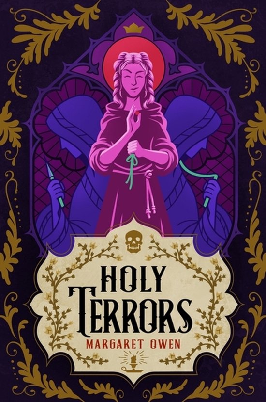 Couverture du livre "Holy Terrors" de Margaret Owen, avec une sainte stylisée au centre et deux nonnes à ses côtés.