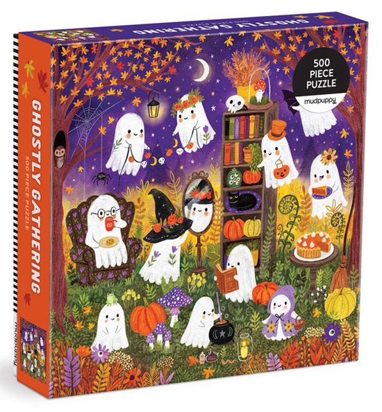 Puzzle de 500 pièces intitulé 'Ghostly Gathering'. Fantômes joyeux dans un jardin d'automne ambiance avec des citrouilles et des fleurs.
