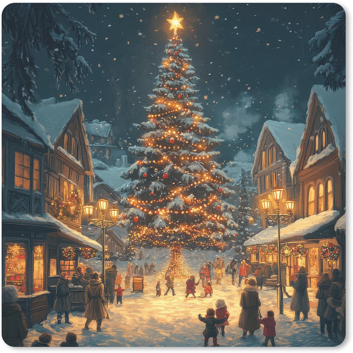 Muismat 30x30 cm - Mousepad Kerstfeest - Dorp - Donker - Muismatten