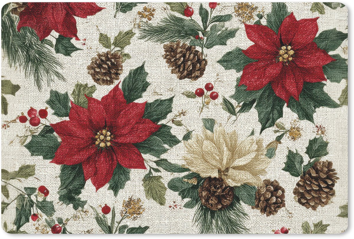 Muismat 27x18 cm - Mousepad Feestelijk - Textielpatroon - Kerstbloemen - Kleurrijk - Muismatten
