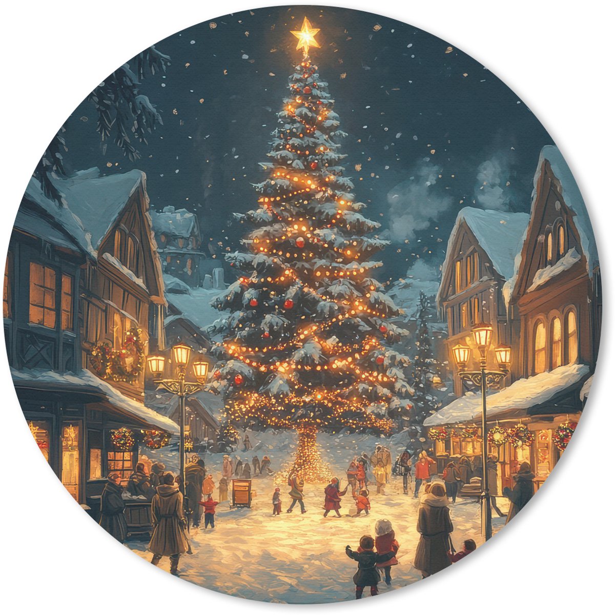 Muismat rond 30x30 cm - Mousepad Kerstfeest - Dorp - Donker - Ronde muismatten