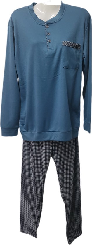 Blauwe pyjamaset met lange mouwen, knoopjes en geruite zak en broek