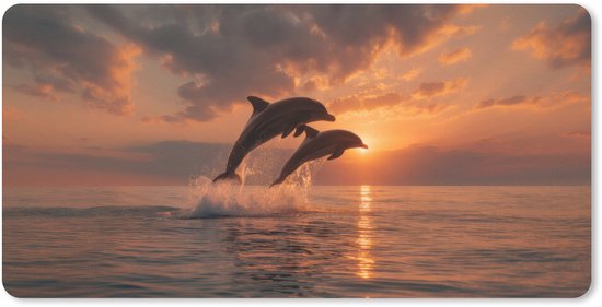 Sous-main avec une image de deux dauphins sautant hors de la mer au coucher du soleil.