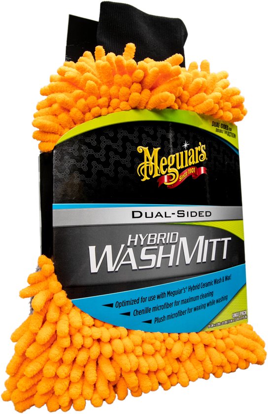 Oranje, dubbelzijdige washandschoen van Meguiar's met chenille-achtige vezels en een zwarte polsband.