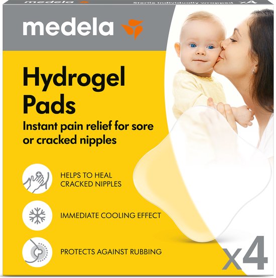 Verpakking van Medela Hydrogel Pads. Een moeder kust haar baby. Tekst: Instant pain relief for sore or cracked nipples.