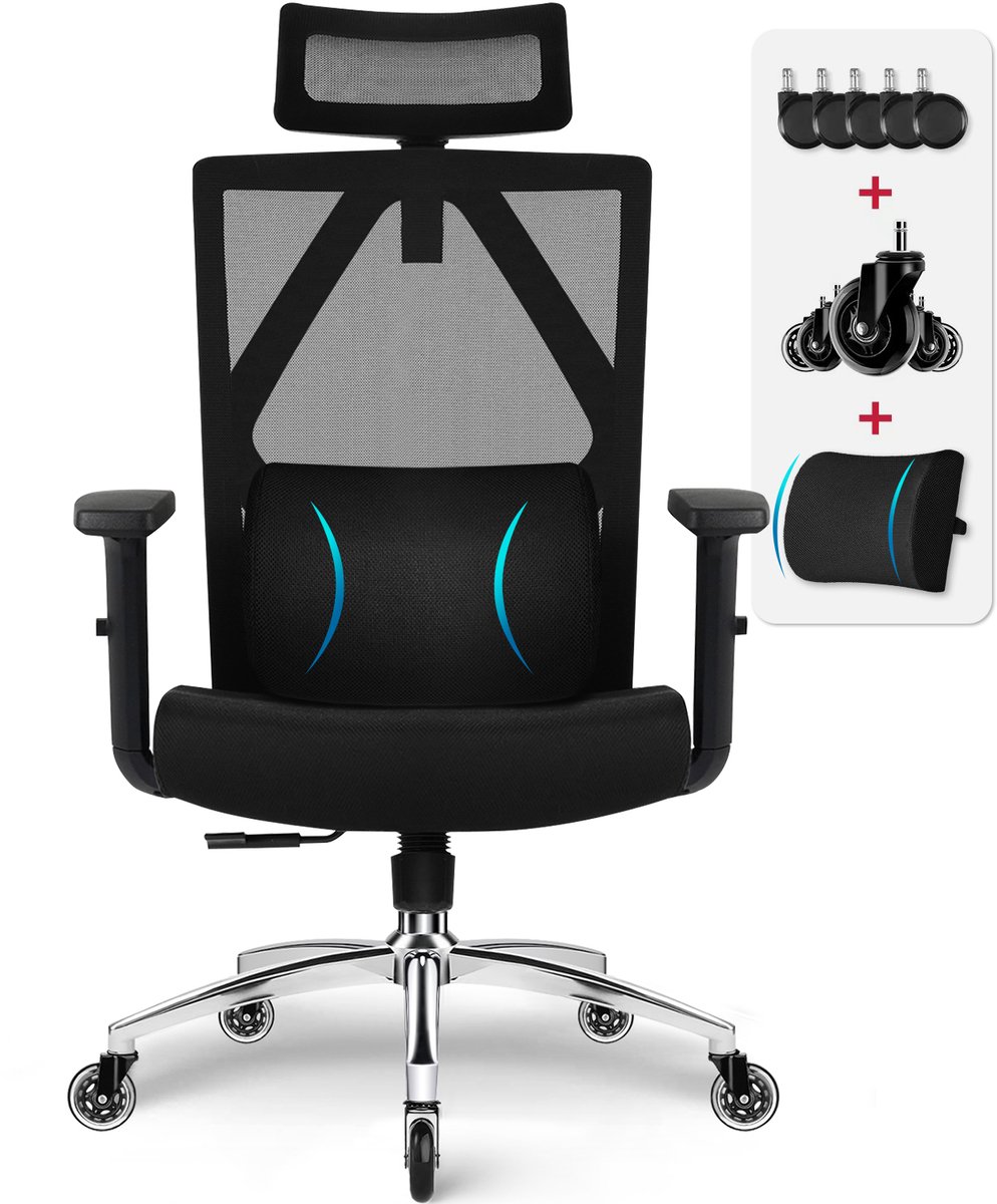 Saikefy Bureaustoel - Ergonomische Bureaustoel voor Volwassenen - 3D Lendensteun - Opklapbare Armleuningen - Vergrendelbare Rugleuning - Max. Kanteling 135° - Max. Belasting 200 kg - Zwart