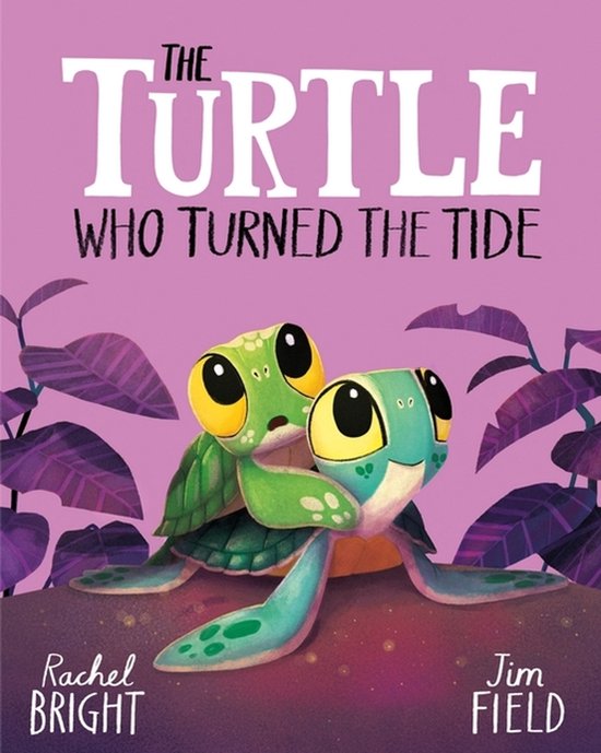 Boekomslag met de titel 'The Turtle Who Turned The Tide'. Twee cartoon zeeschildpadden, een groen en een blauwgroen, met grote ogen op een paarse achtergrond met bladeren.