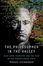 Boekomslag met close-up van een man met bril, gezicht deels bedekt met gekleurde pixels. Titel: "The Philosopher in the Valley".