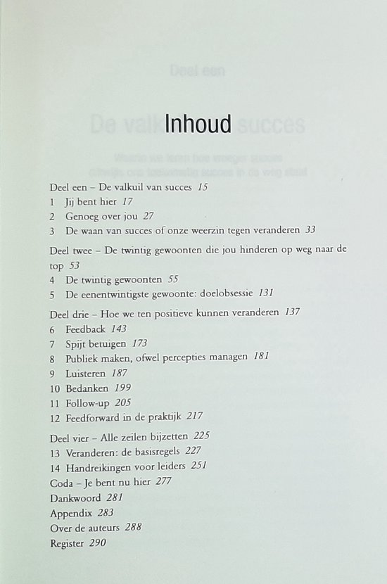 Inhoudsopgave met de titel 'Deel een - De valkuil van succes' en genummerde hoofdstukken.