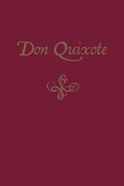 Don Quixote in gouden sierlijke letters op een bordeauxrode kaft.