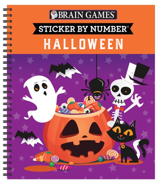Remplissage d'Halloween avec une citrouille, un fantôme, une araignée, un squelette, un chat, des chauves-souris et des bonbons. L'inscription se lit "Brain Games Sticker by Number Halloween".