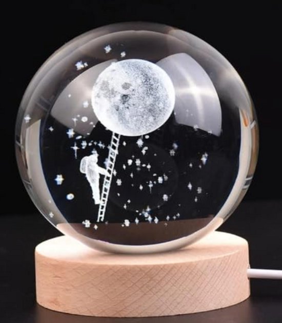3D Kristallen Maanlamp - LED Glazen Bol Nachtlampje met Houten Voet - Dream to the Moon Decoratieve Lamp & Cadeau - 8 cm van Dream to the Moon — afbeelding 3