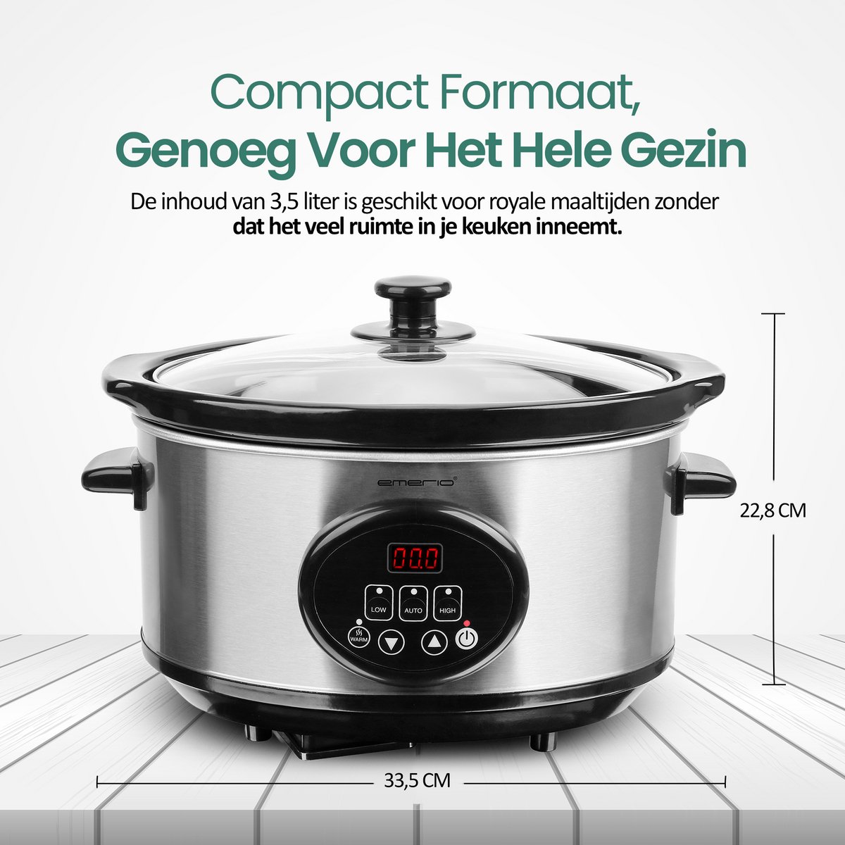 Emerio Slowcooker 240W - 3.5L - Warmhoudfunctie - Digitaal Display - 3 Warmte Instellingen - Uitneembare Keramische Binnenpan - Transparante Glazen Deksel - Cool Touch - SC-129406 – foto 6
